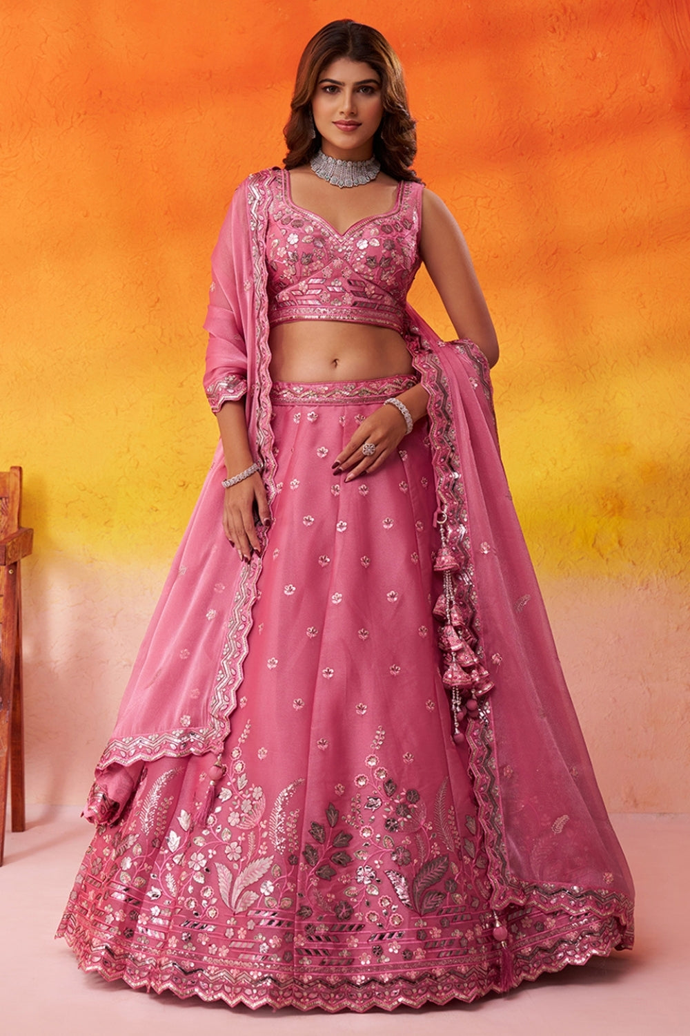 Organza Lehenga Set with Embroidery and Sequins Work