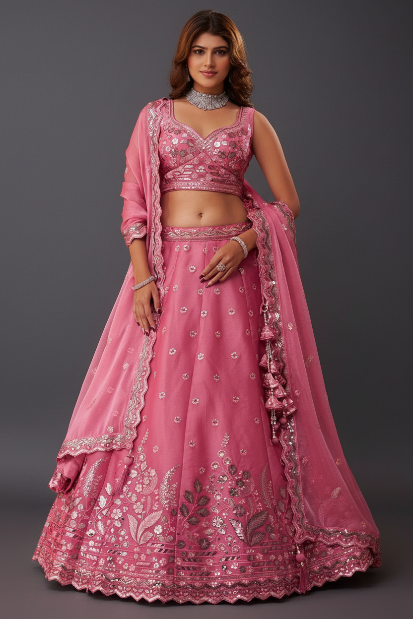 Organza Lehenga Set with Embroidery and Sequins Work