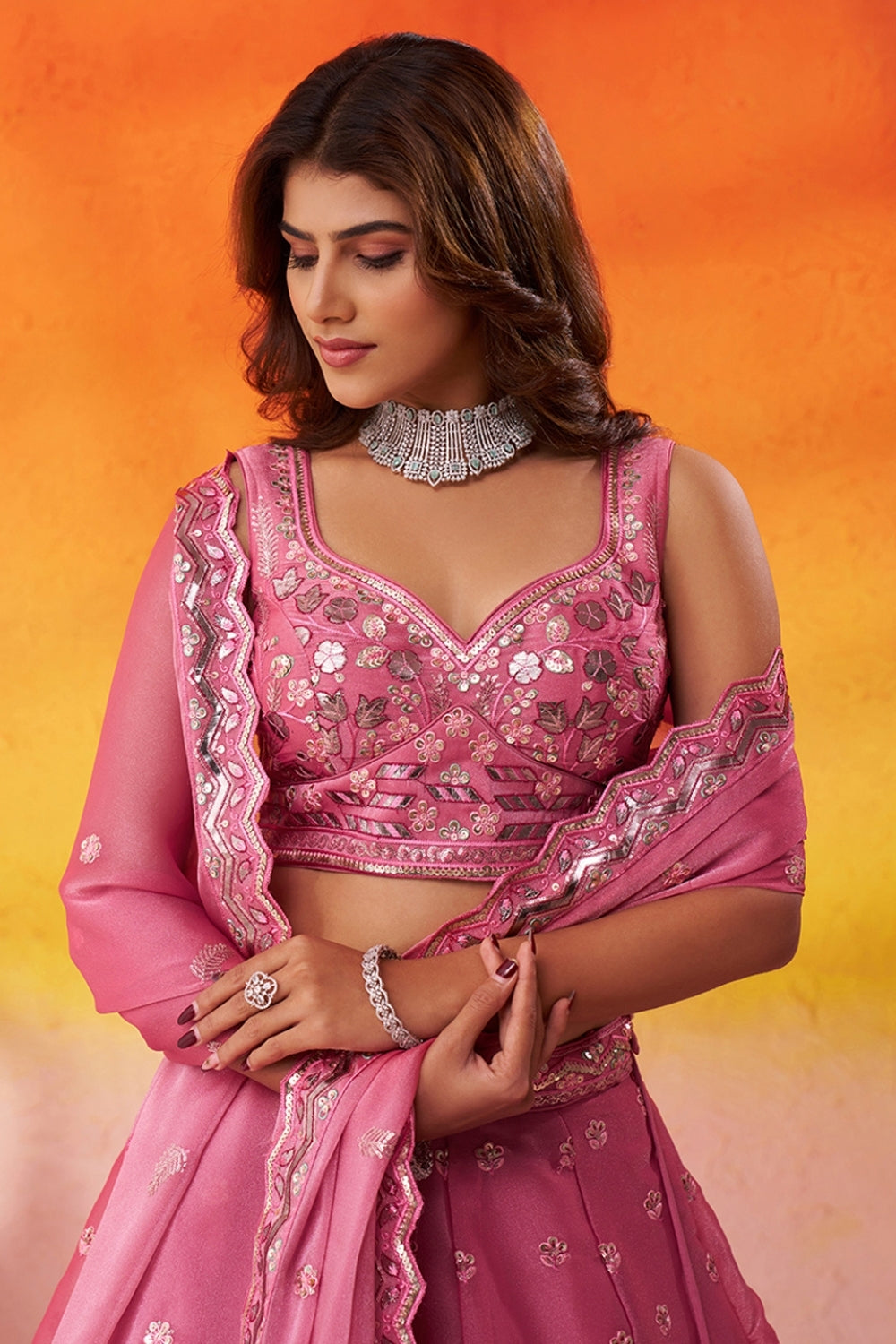 Organza Lehenga Set with Embroidery and Sequins Work