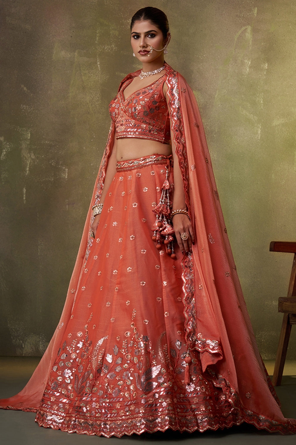 Organza Lehenga Set with Embroidery and Sequins Work