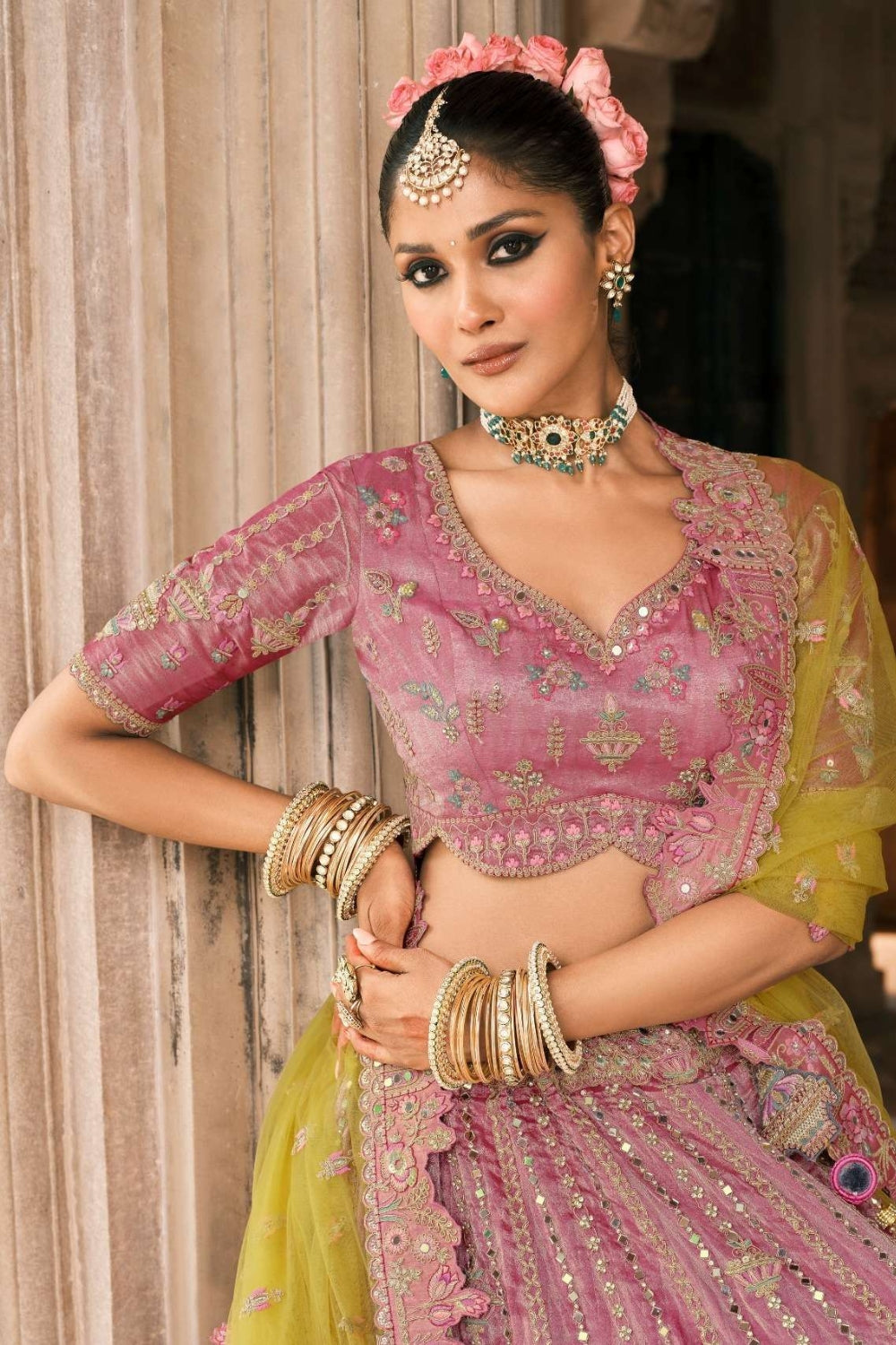 PEACH AND GREEN SILK BRIDAL LEHENGA WITH MIRROR AND RESHAM EMBROIDERY