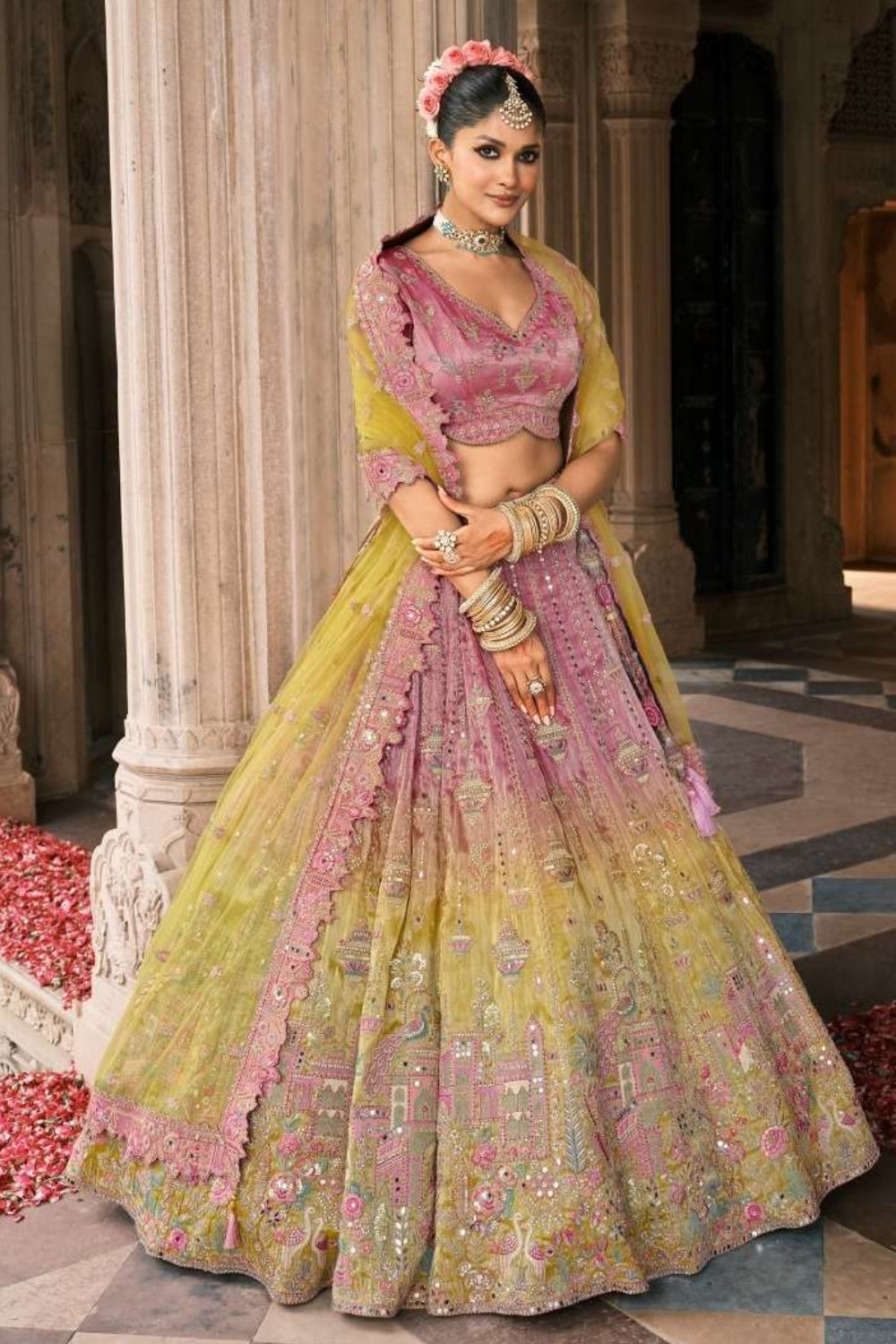 PEACH AND GREEN SILK BRIDAL LEHENGA WITH MIRROR AND RESHAM EMBROIDERY