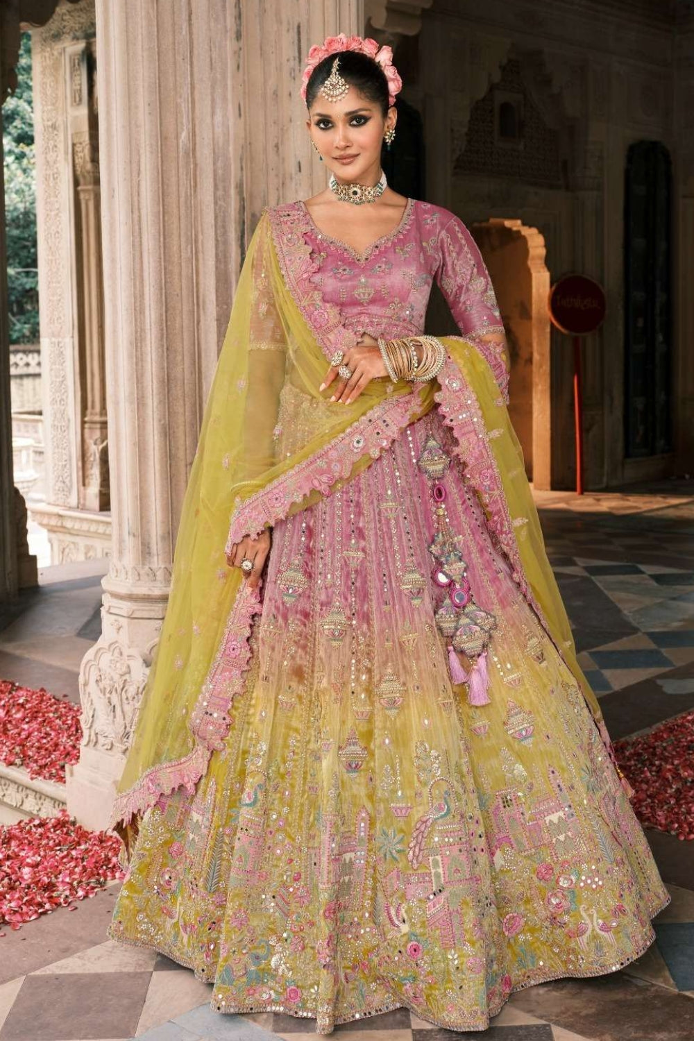 PEACH AND GREEN SILK BRIDAL LEHENGA WITH MIRROR AND RESHAM EMBROIDERY