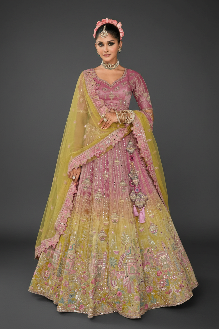 PEACH AND GREEN SILK BRIDAL LEHENGA WITH MIRROR AND RESHAM EMBROIDERY