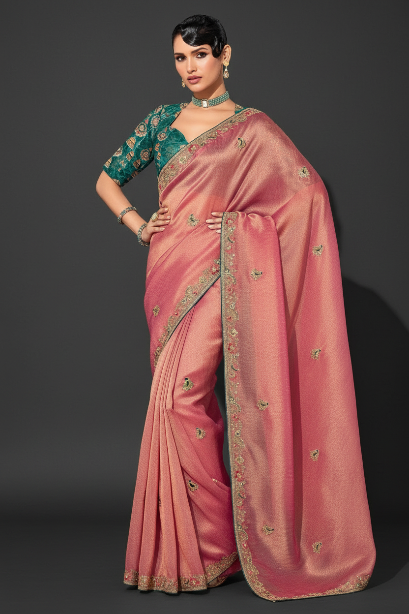 PEACH SAREE WITH SEQUINS AND EMBROIDERY