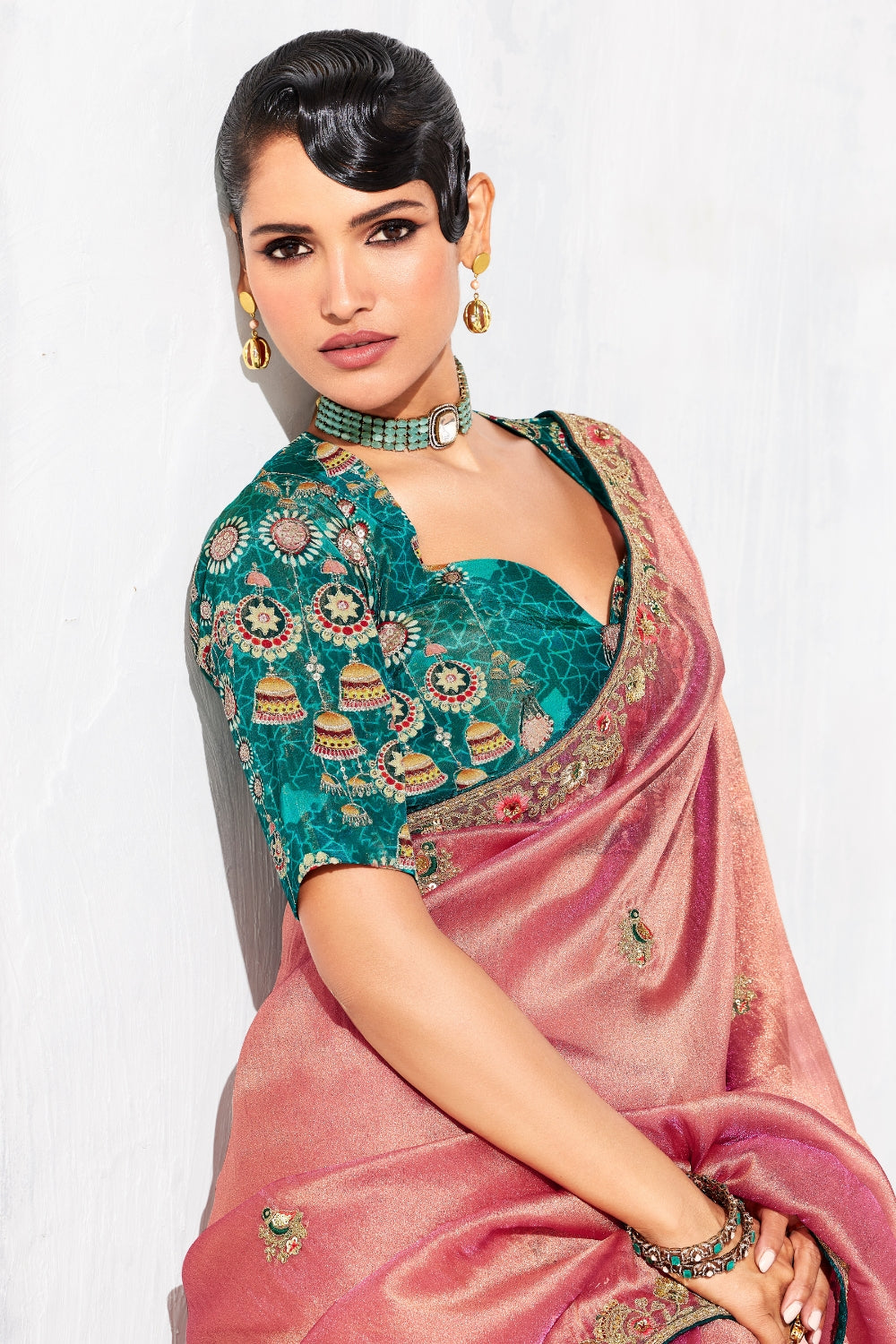 PEACH SAREE WITH SEQUINS AND EMBROIDERY