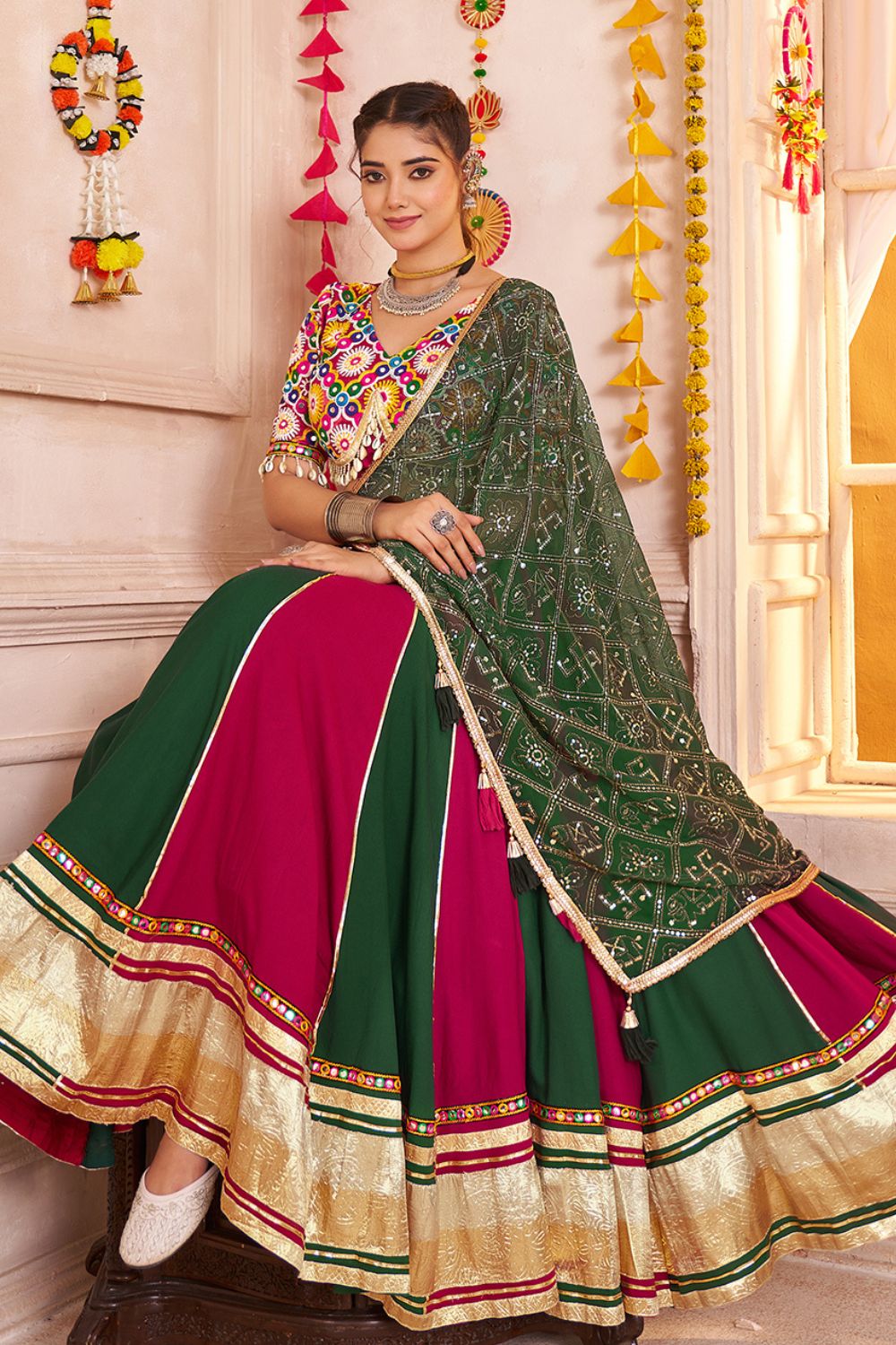 PINK AND GREEN VISCOSE COTTON LEHENGA CHOLI WITH MIRROR WORK AND LAMPI BOARDING