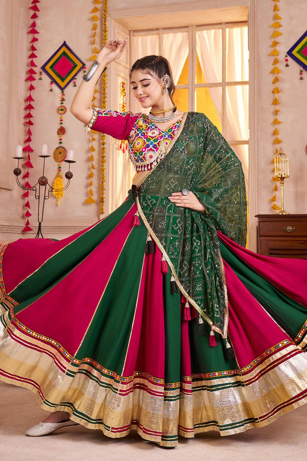 PINK AND GREEN VISCOSE COTTON LEHENGA CHOLI WITH MIRROR WORK AND LAMPI BOARDING