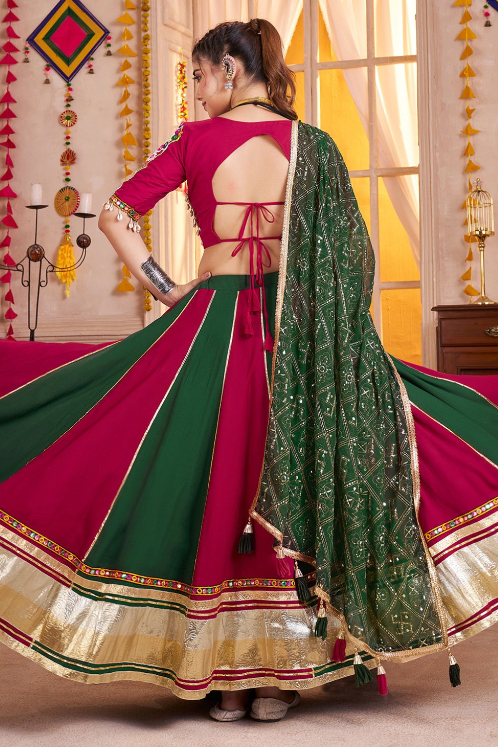 PINK AND GREEN VISCOSE COTTON LEHENGA CHOLI WITH MIRROR WORK AND LAMPI BOARDING