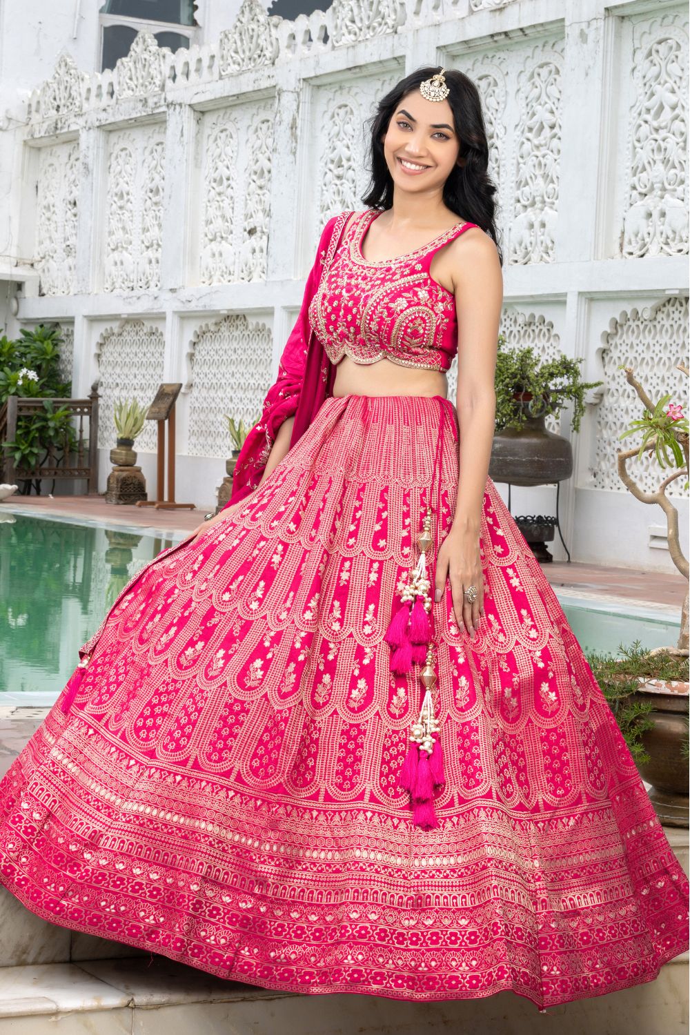 PINK BANARASI SILK LEHENGA CHOLI WITH WEAVING AND THREAD WORK