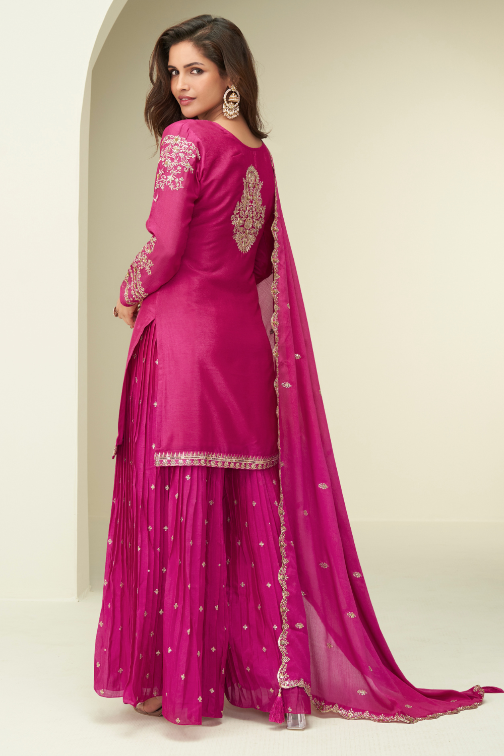 PINK CHINON SILK PALAZZO SUIT WITH SEQUINS AND EMBROIDERY