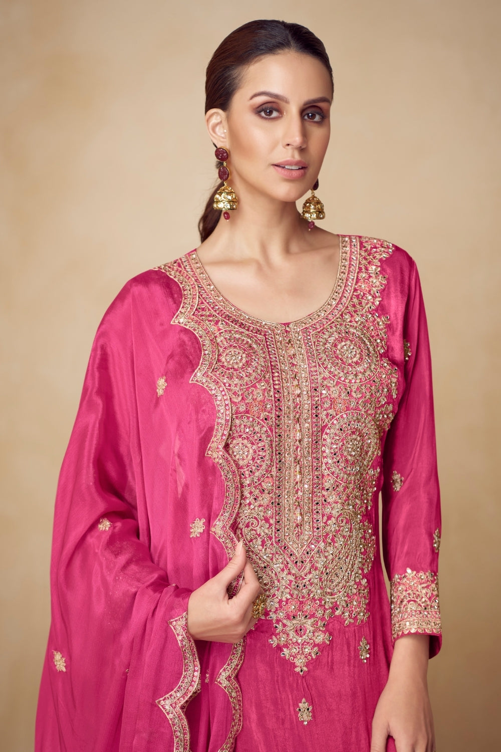 PINK CHINON PALAZZO SUIT WITH RESHAM EMBROIDERY AND SEQUINS