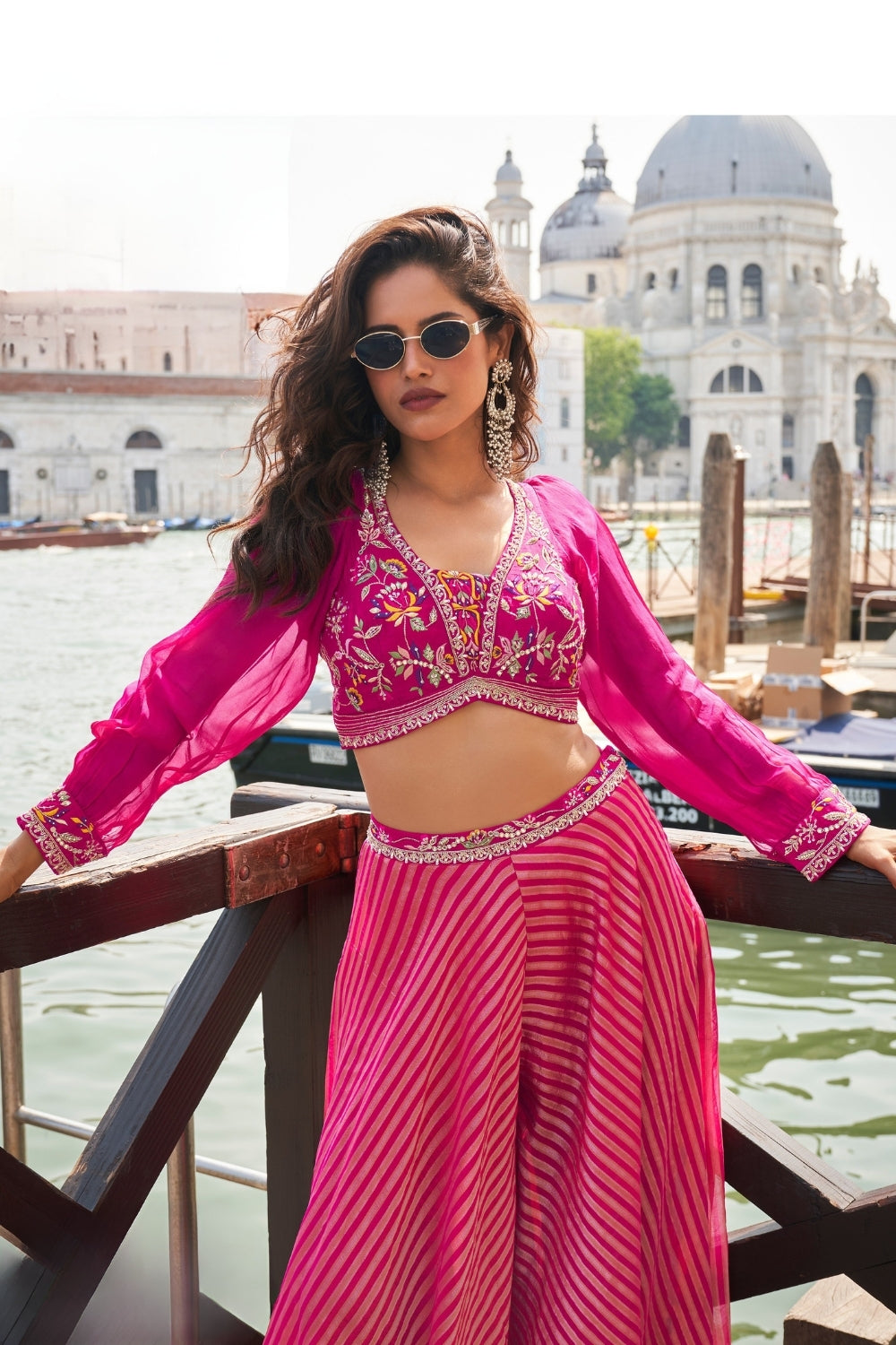 PINK VISCOSE JACQUARD SEQUIN EMBROIDERED WORKED CROP TOP PALAZZO SET