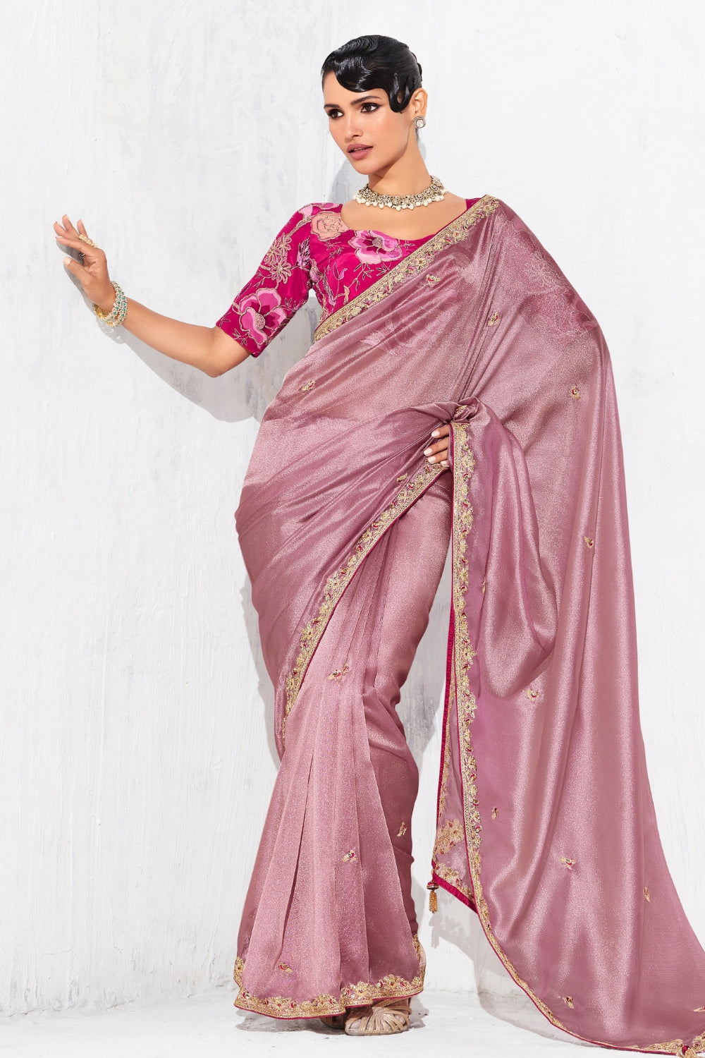PINK SAREE WITH SEQUINS AND EMBROIDERY