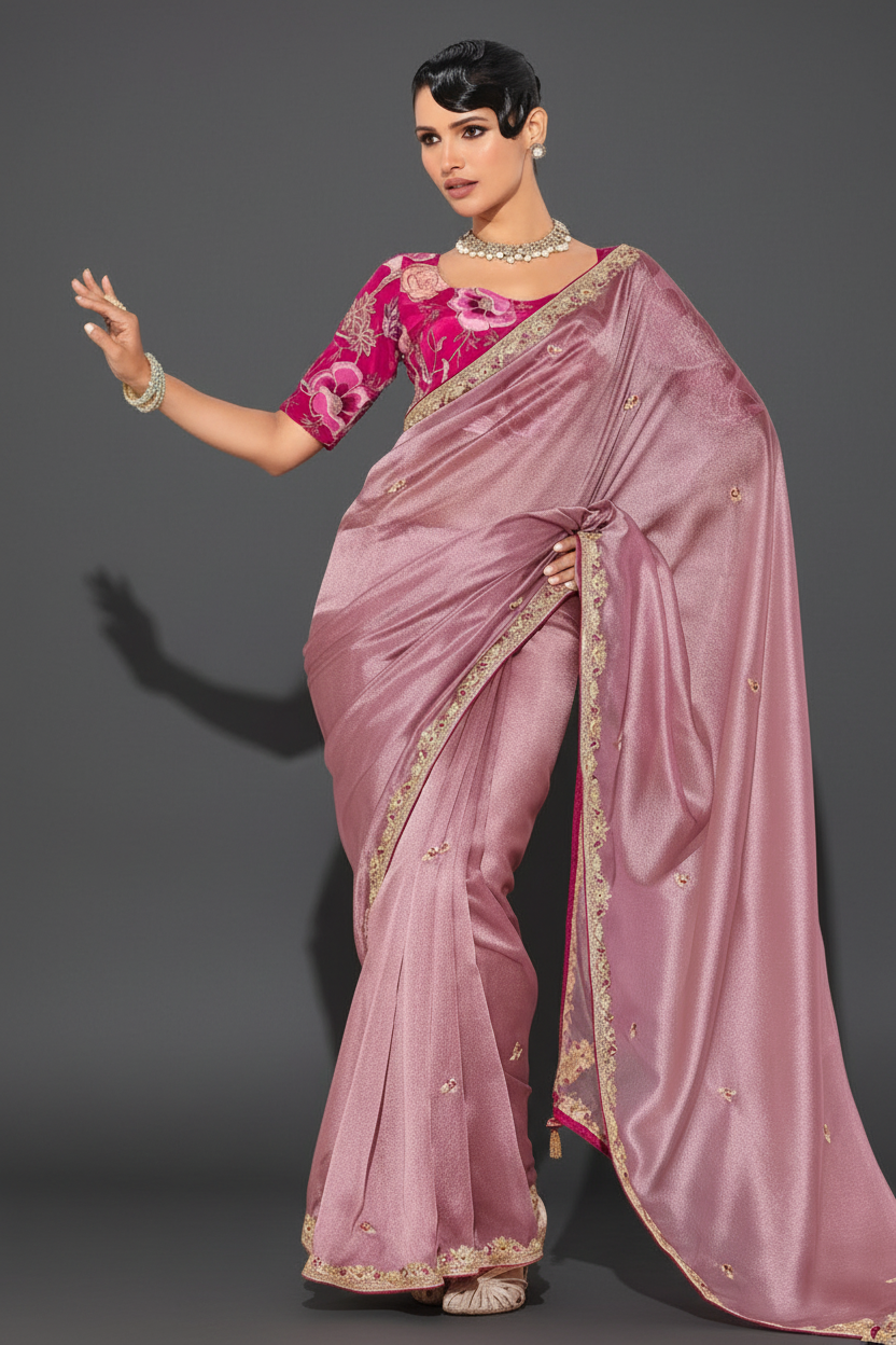 PINK SAREE WITH SEQUINS AND EMBROIDERY