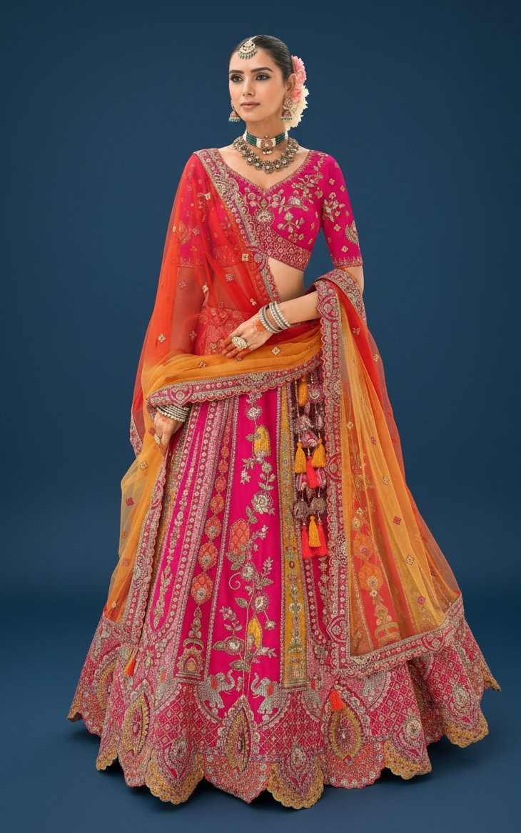 PINK SILK BRIDAL LEHENGA WITH SEQUINS AND RESHAM EMBROIDERY