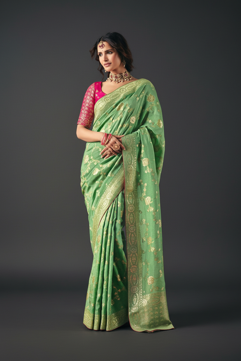PISTA GREEN SILK SAREE WITH WEAVING
