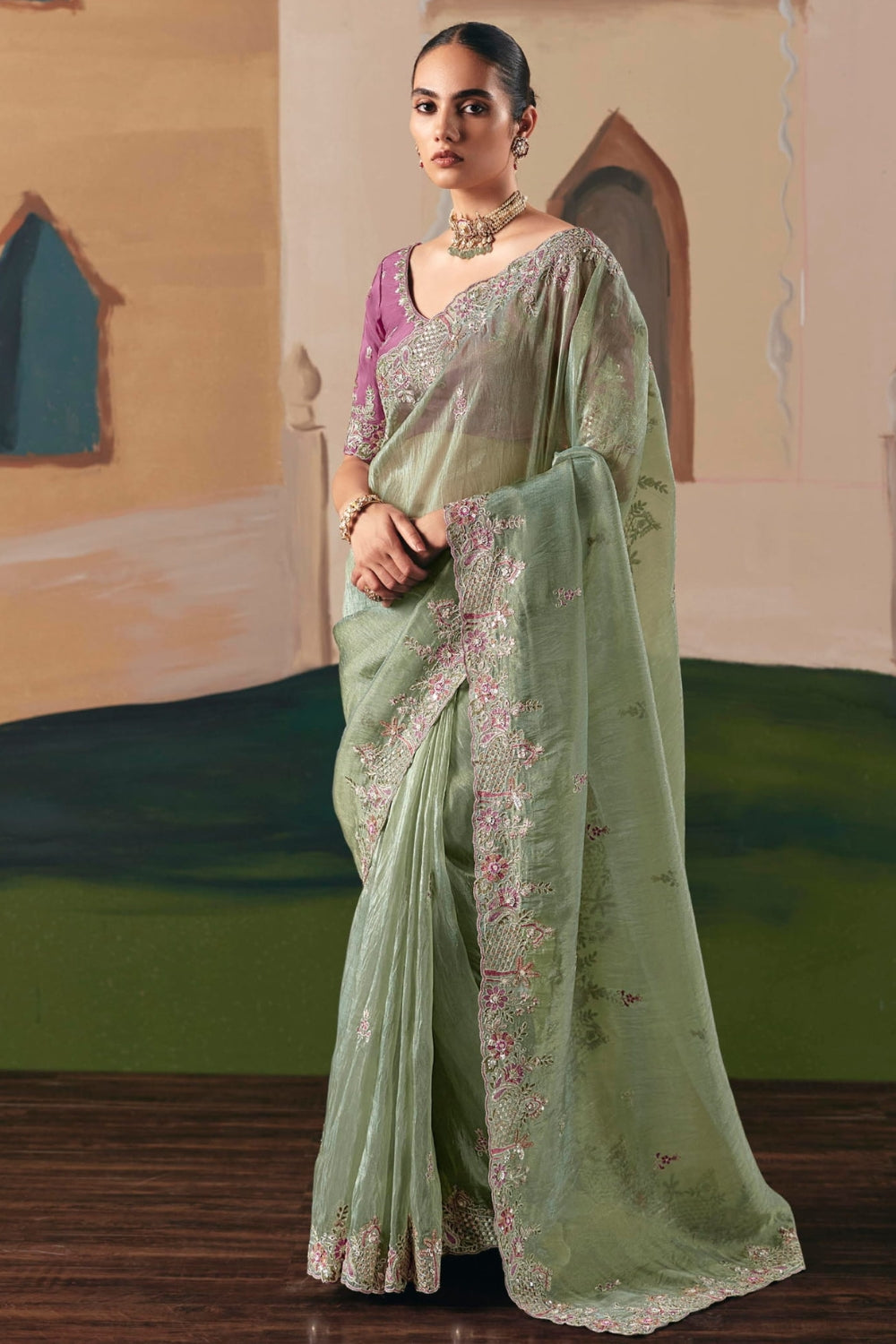 PISTA GREEN TISSUE SAREE WITH RESHAM EMBROIDERY AND MOTI
