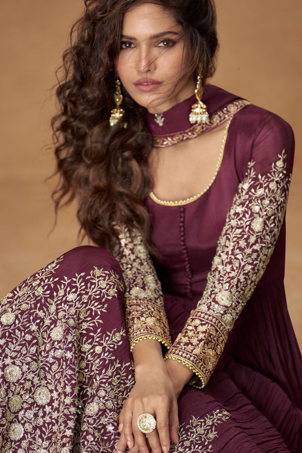 WINE CHINON SILK ANARKALI SUIT