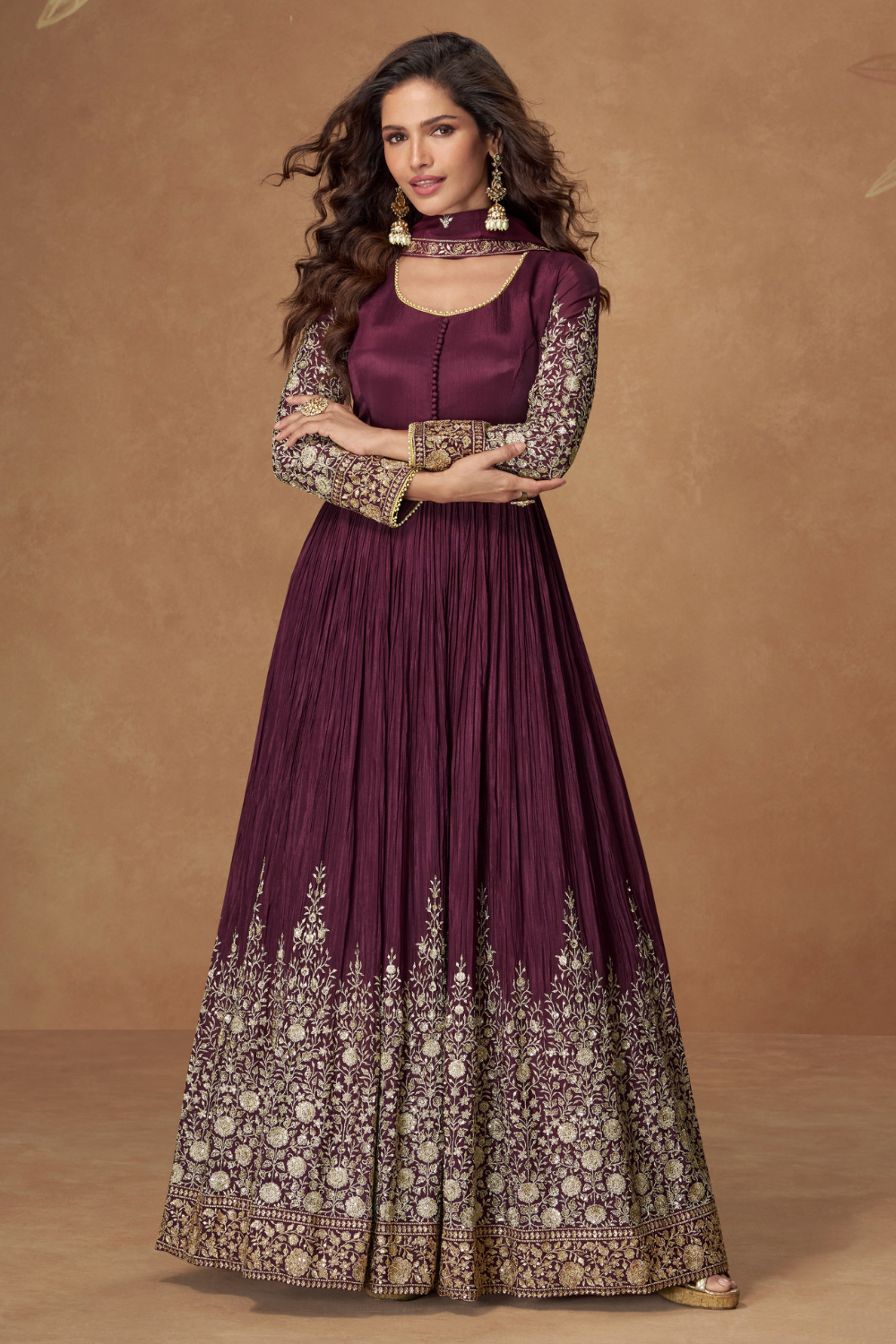 WINE CHINON SILK ANARKALI SUIT