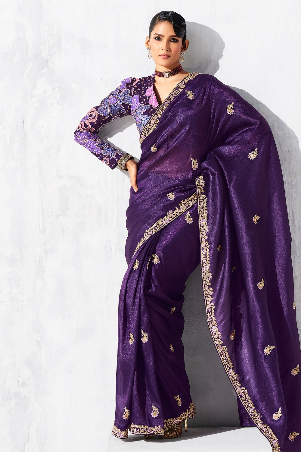PURPLE SAREE WITH SEQUINS AND EMBROIDERY