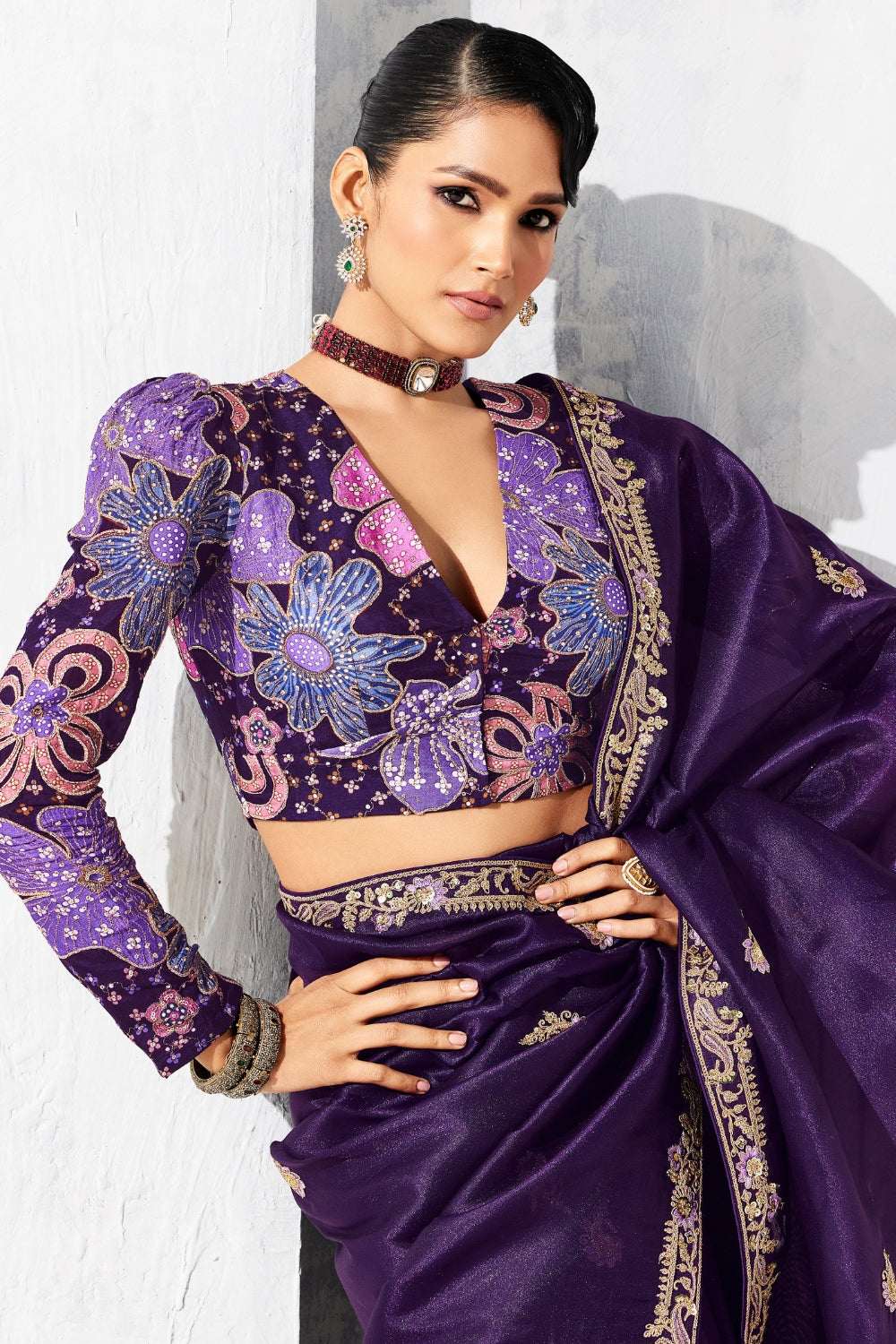 PURPLE SAREE WITH SEQUINS AND EMBROIDERY