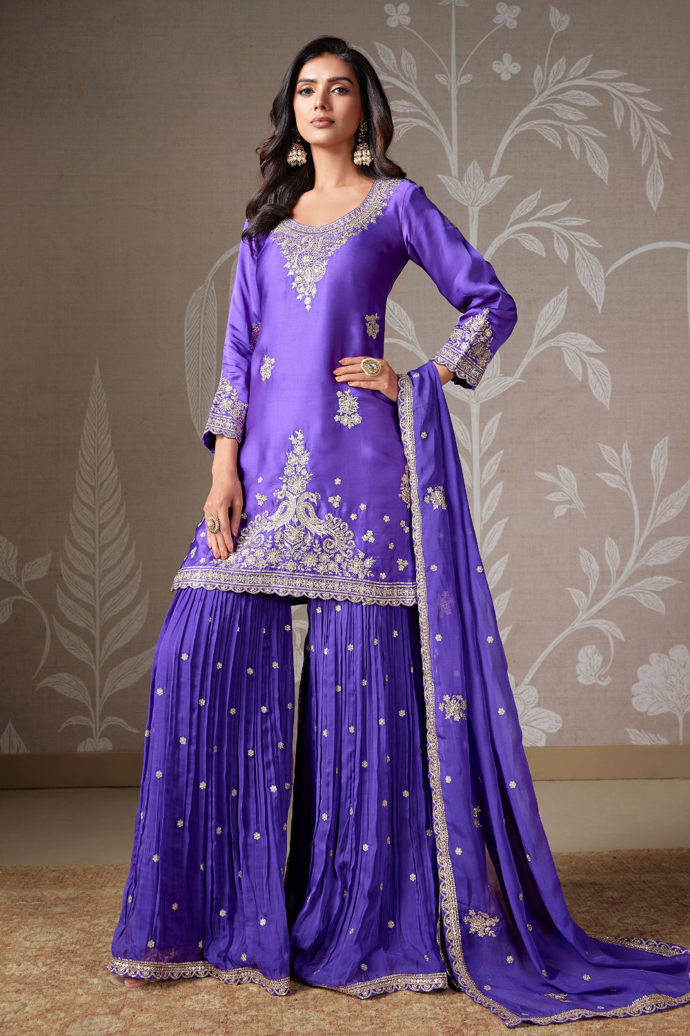 SATIN SILK PALAZZO SUIT WITH EMBROIDERY AND SEQUINS