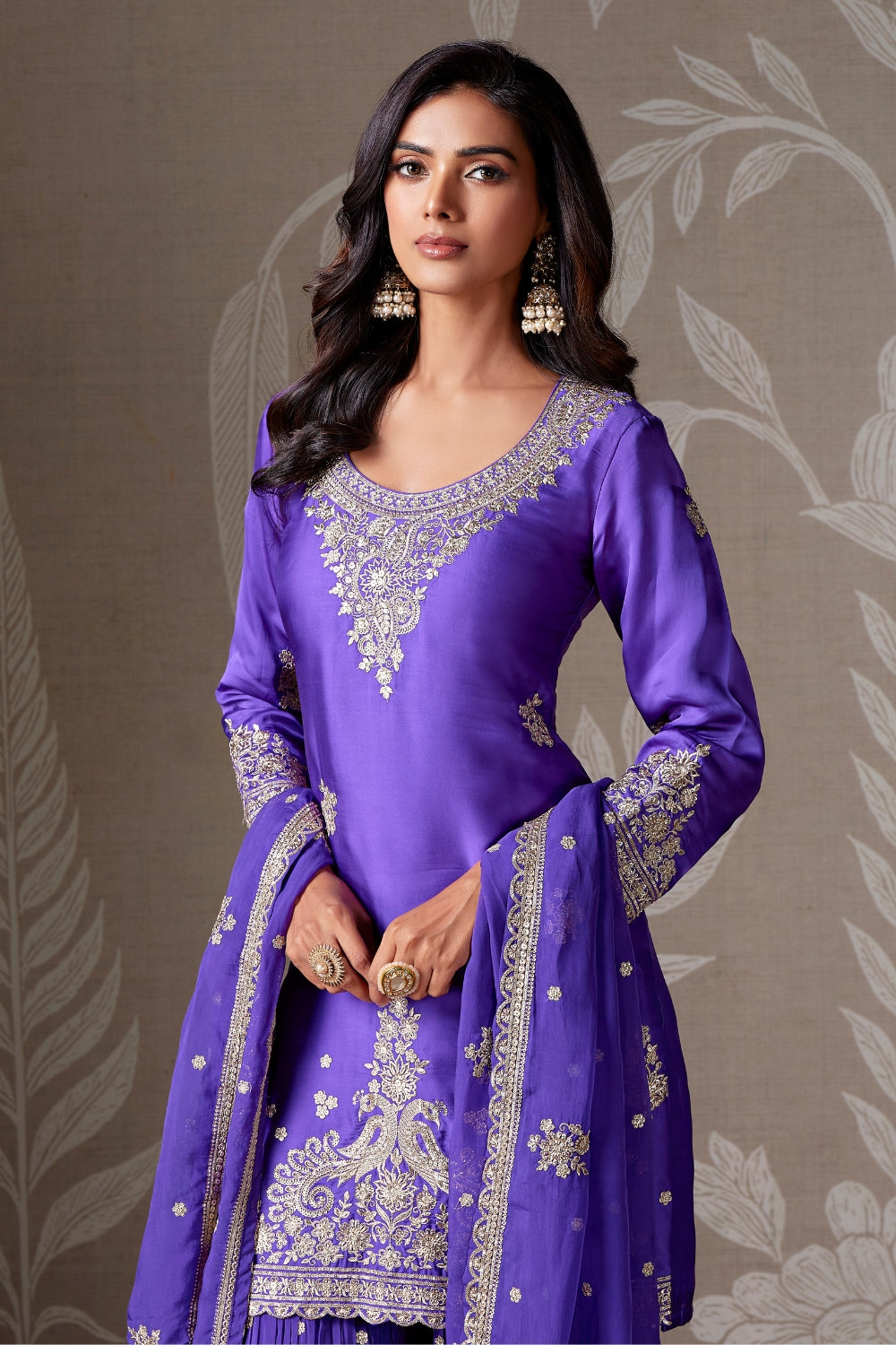 SATIN SILK PALAZZO SUIT WITH EMBROIDERY AND SEQUINS