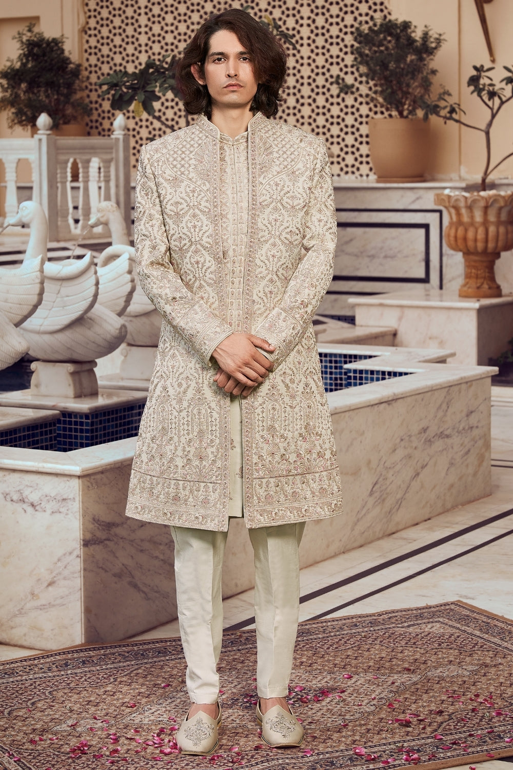 Pastel Green Silk Sherwani with Sequins and Cutdana Work
