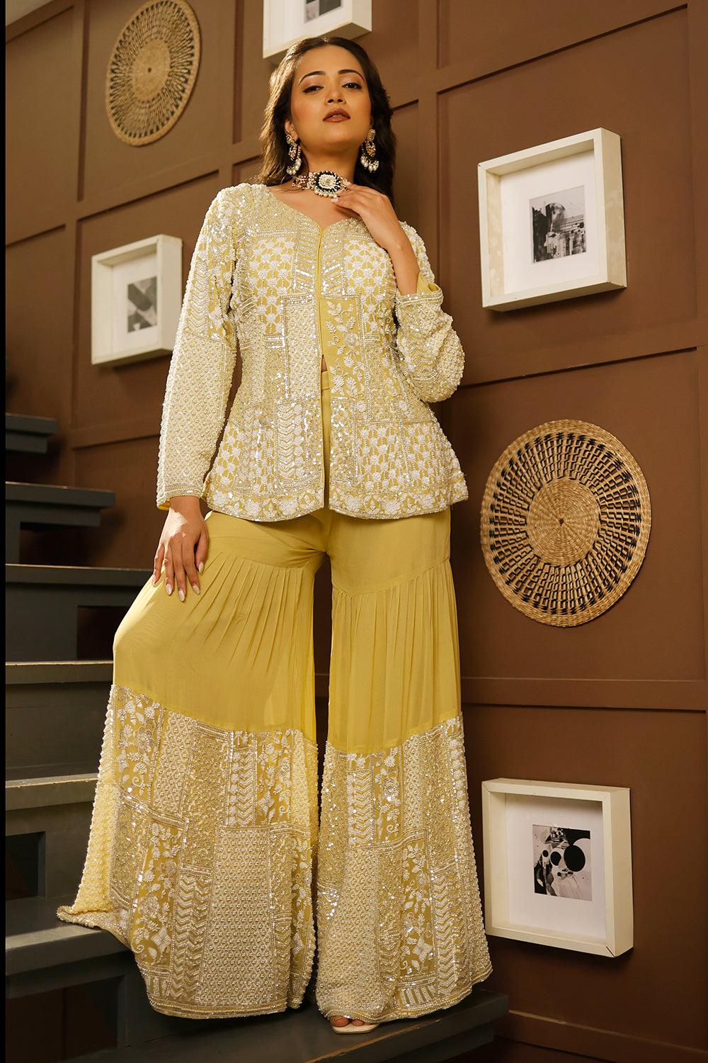 Pastel lime peplum sharara set adorned with intricate ivory sequin patchwork embroidery.