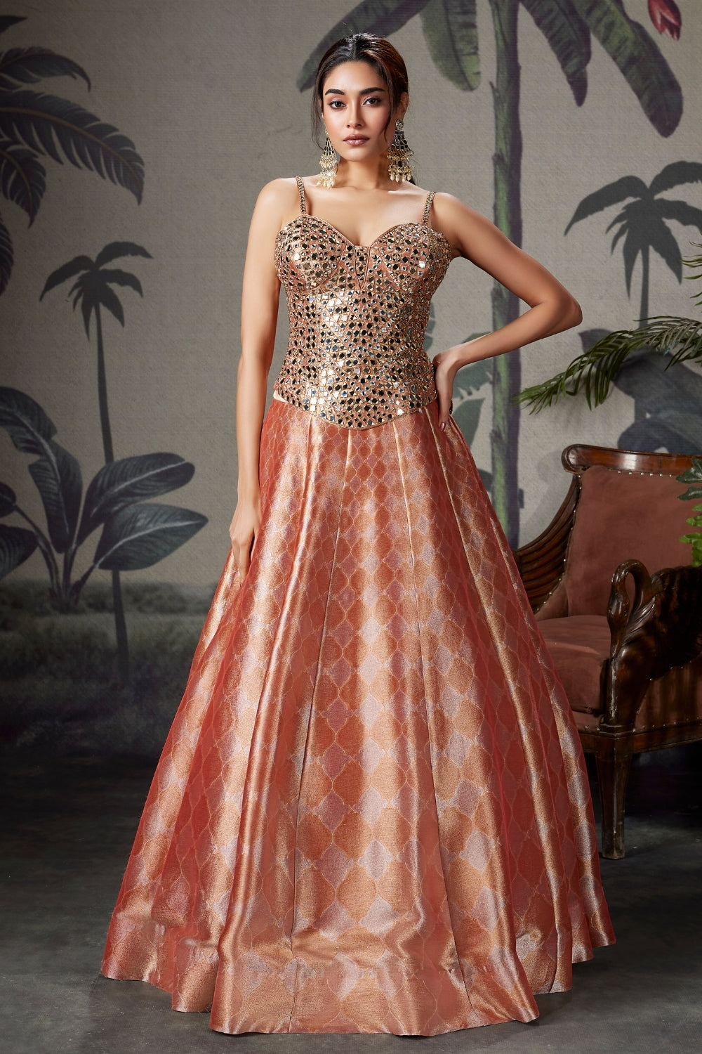 Peach Banarasi Silk Lehenga Set with Mirror and Thread Work