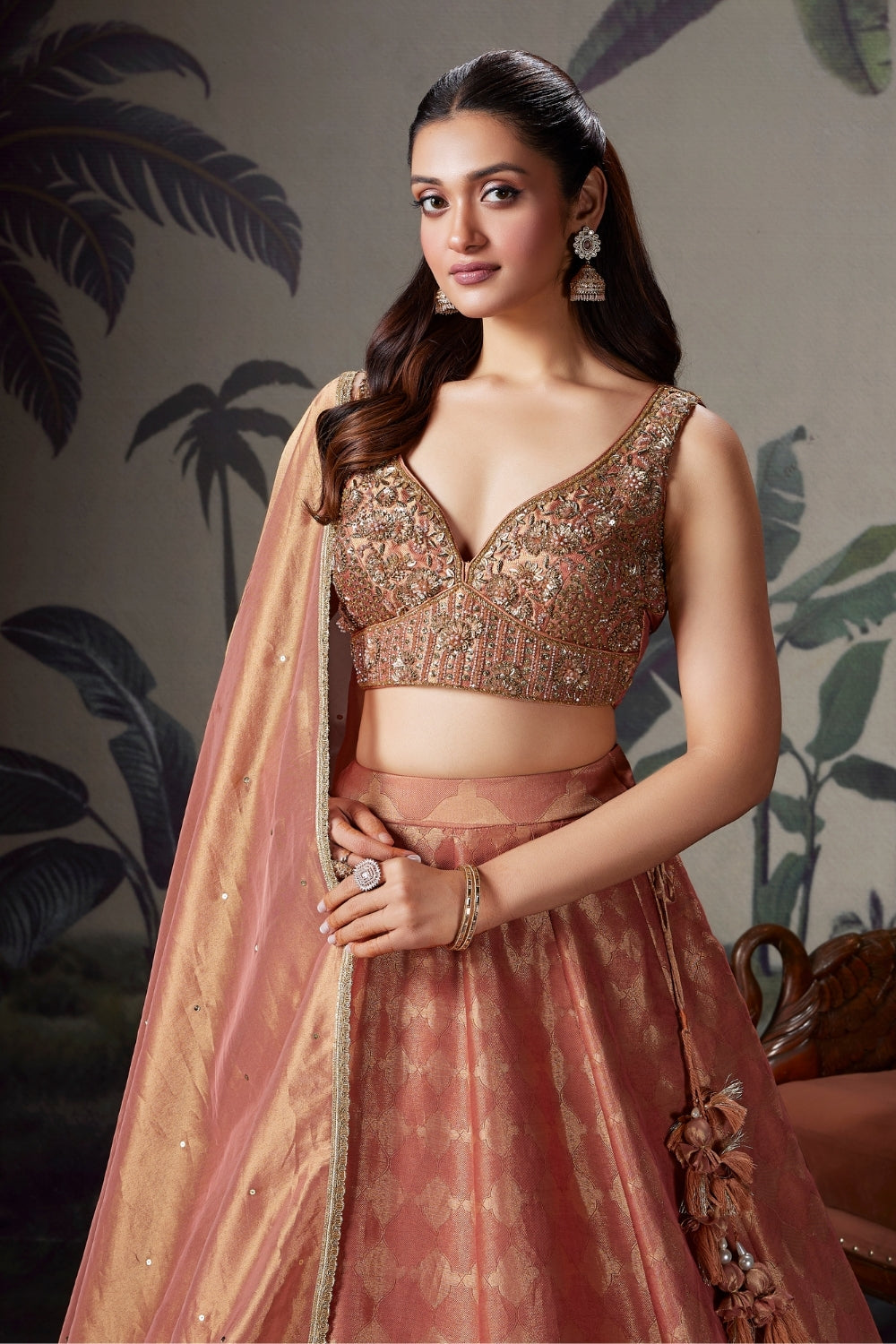 Peach Banarasi Silk Lehenga Set with Resham Embroidery and Cutdana