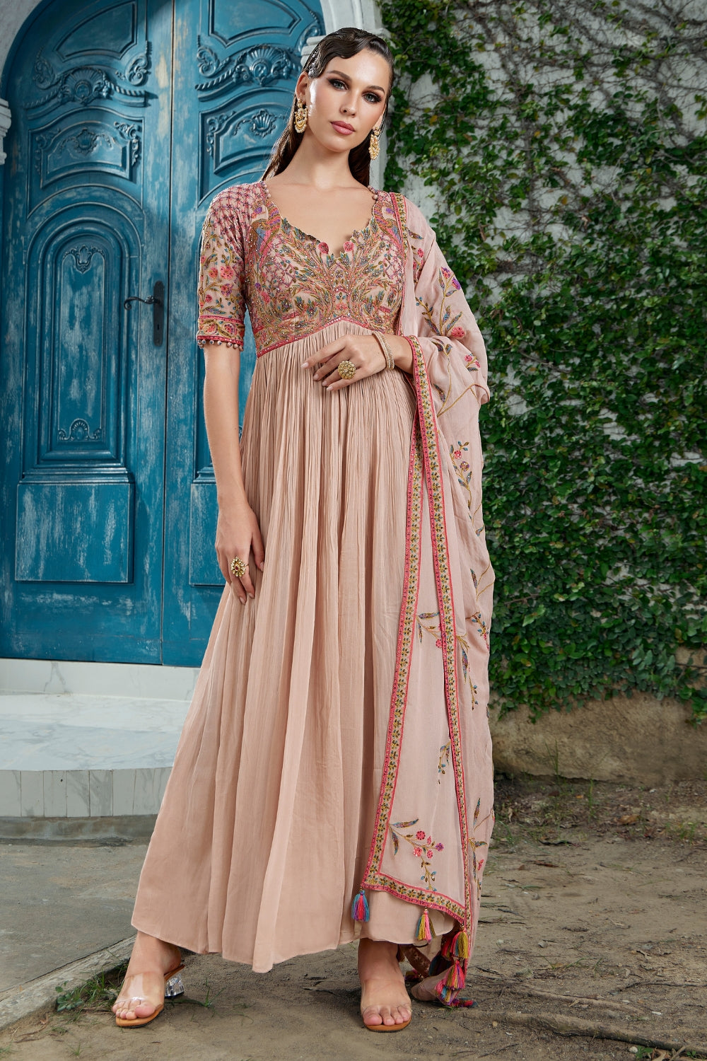 Peach Georgette Anarkali Set with Cutdana and Embroidery Work