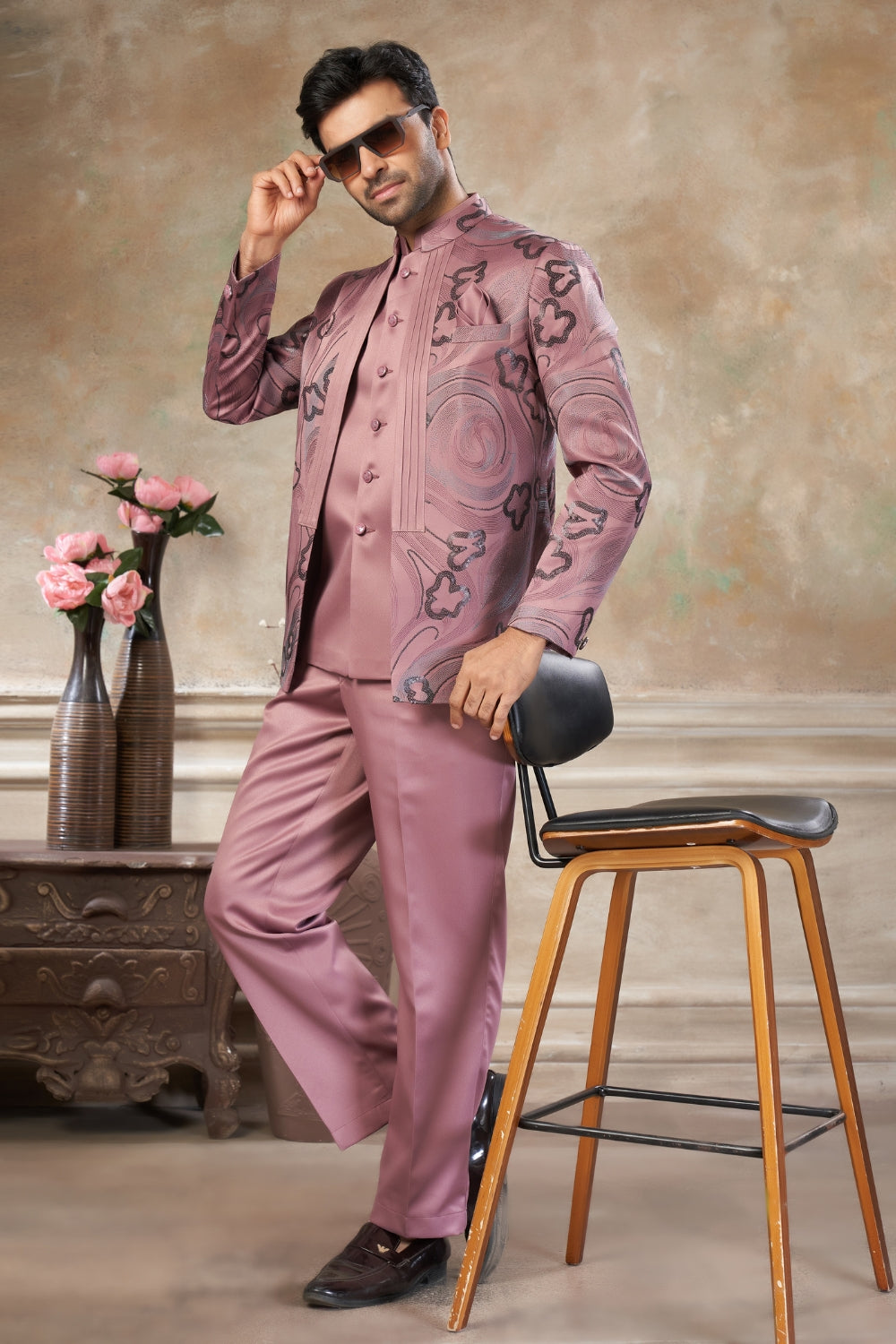 Peach Imported Jodhpuri Set with Embroidery and Sequins Work