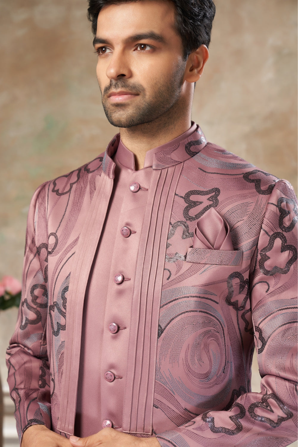 Peach Imported Jodhpuri Set with Embroidery and Sequins Work
