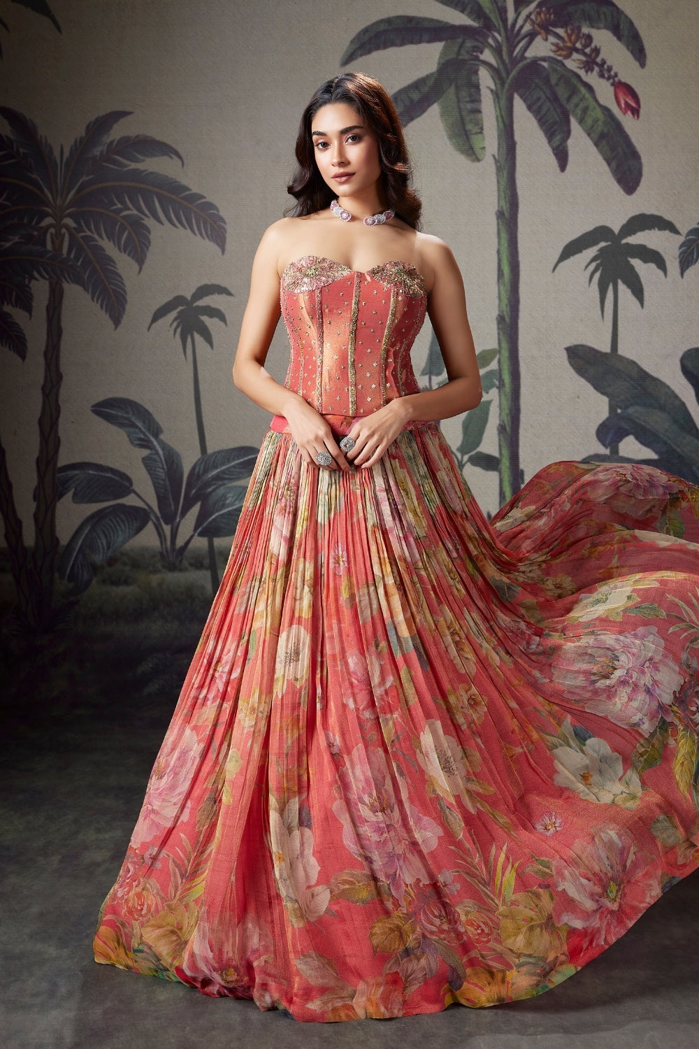 Peach Silk Lehenga Set with Cutdana and Moti