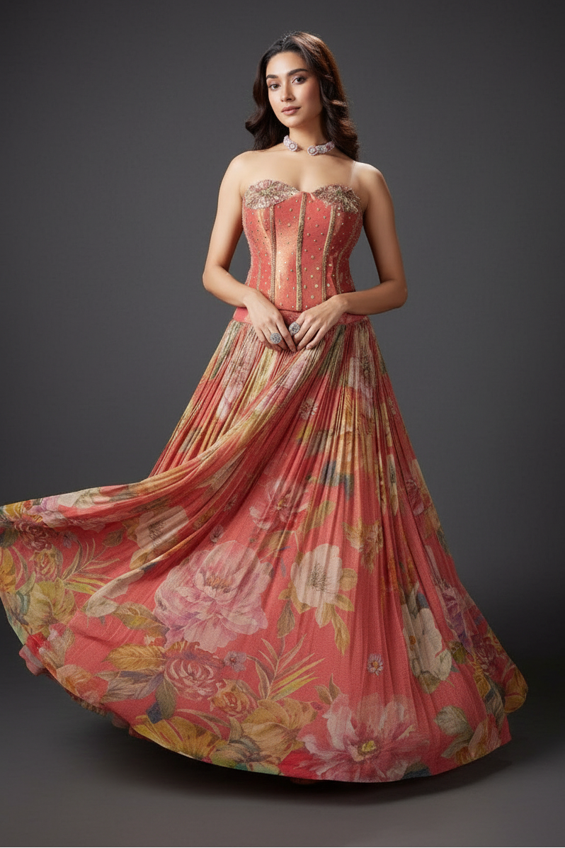 Peach Silk Lehenga Set with Cutdana and Moti