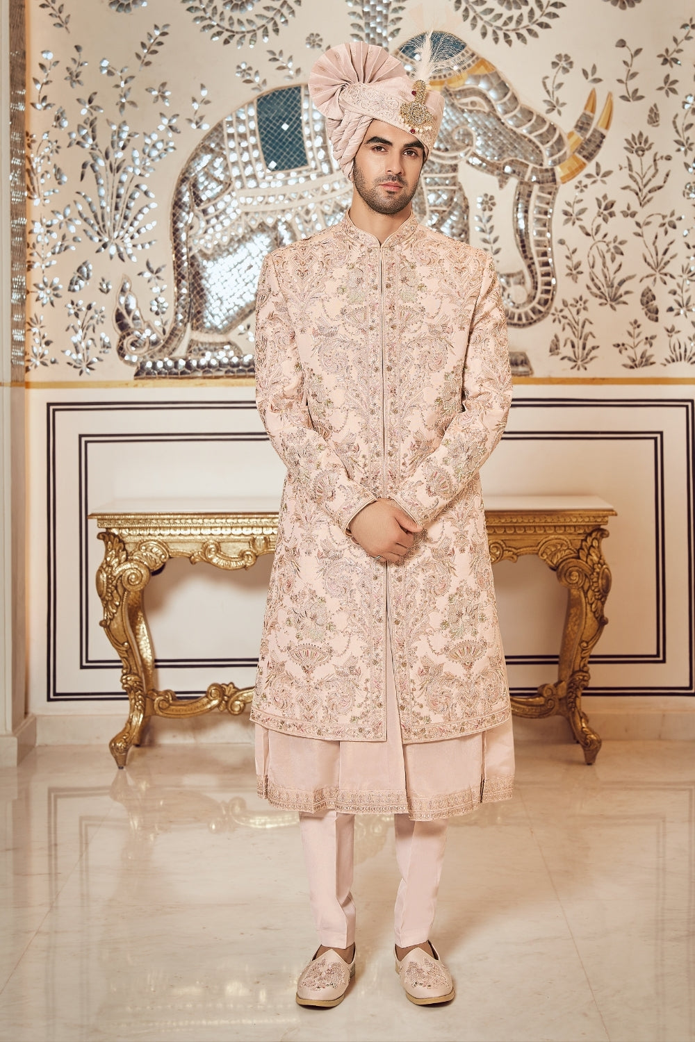 Peach Silk Sherwani with Resham Embroidery and Cutdana Work