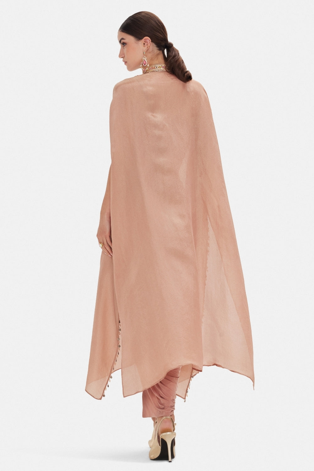 Peach Tissue Indo Western with Mirror and Thread Work