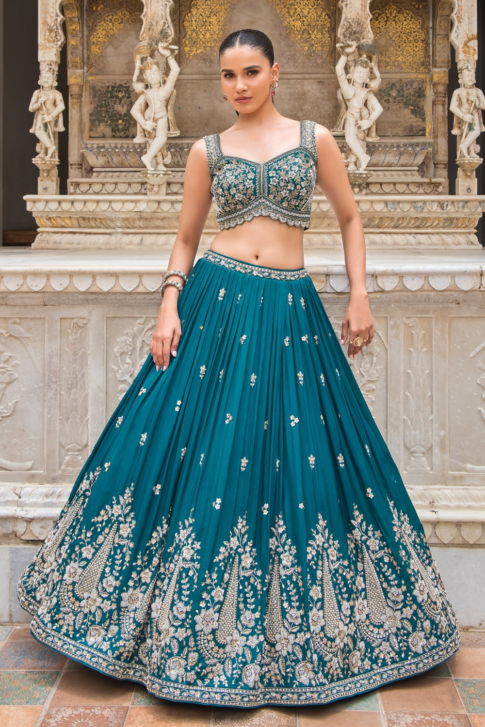 Peacock Blue Silk Lehenga Set with Sequins and Moti Work