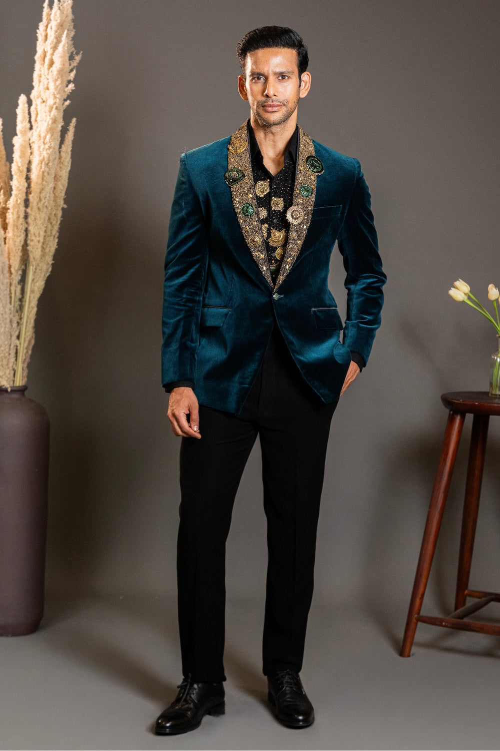 Peacock Blue Velvet Tuxedo with Cutdana and Moti Work