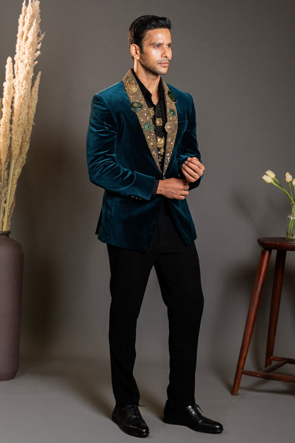 Peacock Blue Velvet Tuxedo with Cutdana and Moti Work