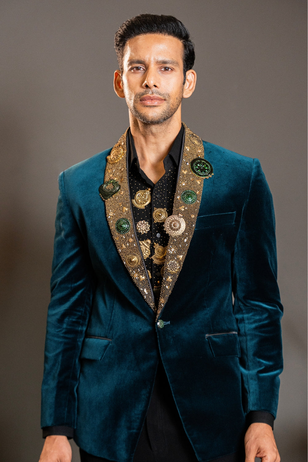 Peacock Blue Velvet Tuxedo with Cutdana and Moti Work