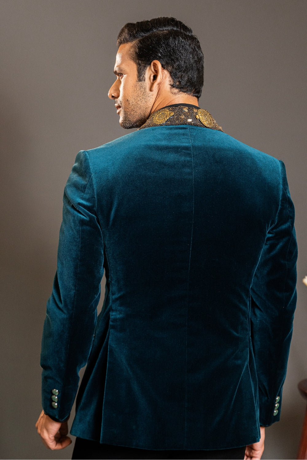 Peacock Blue Velvet Tuxedo with Cutdana and Moti Work
