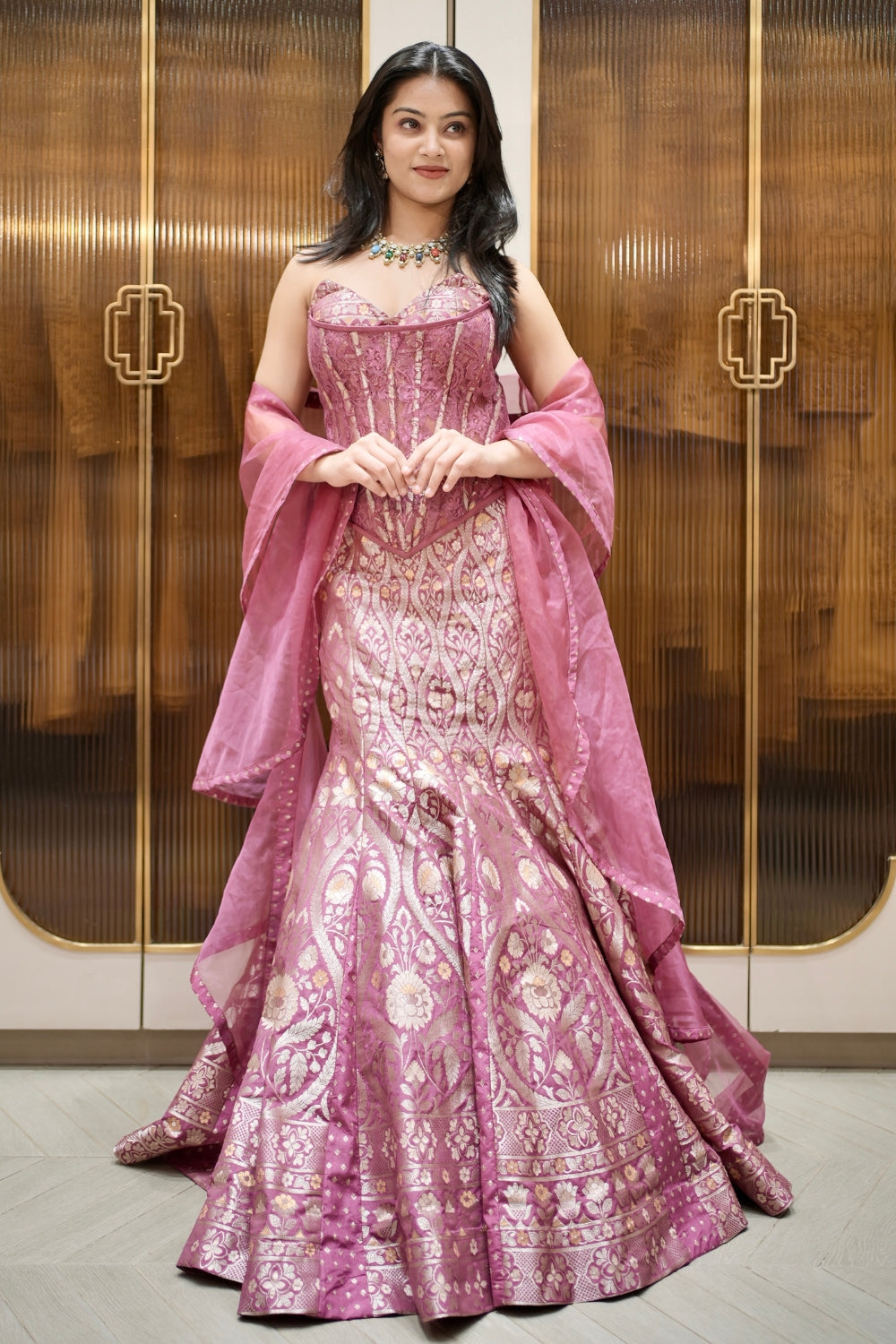 Pink Banarasi Brocket Corset Lehenga Choli with Ruffled Dupatta