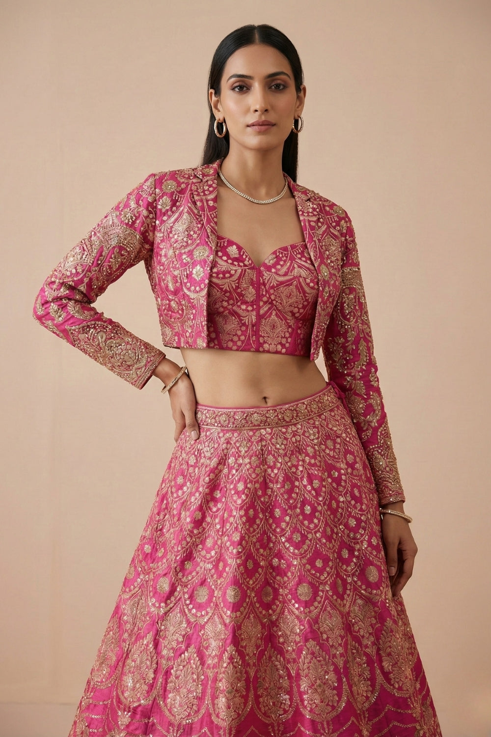 Pink Banarsi Silk Lehenga Set with Cutdana and Moti Work