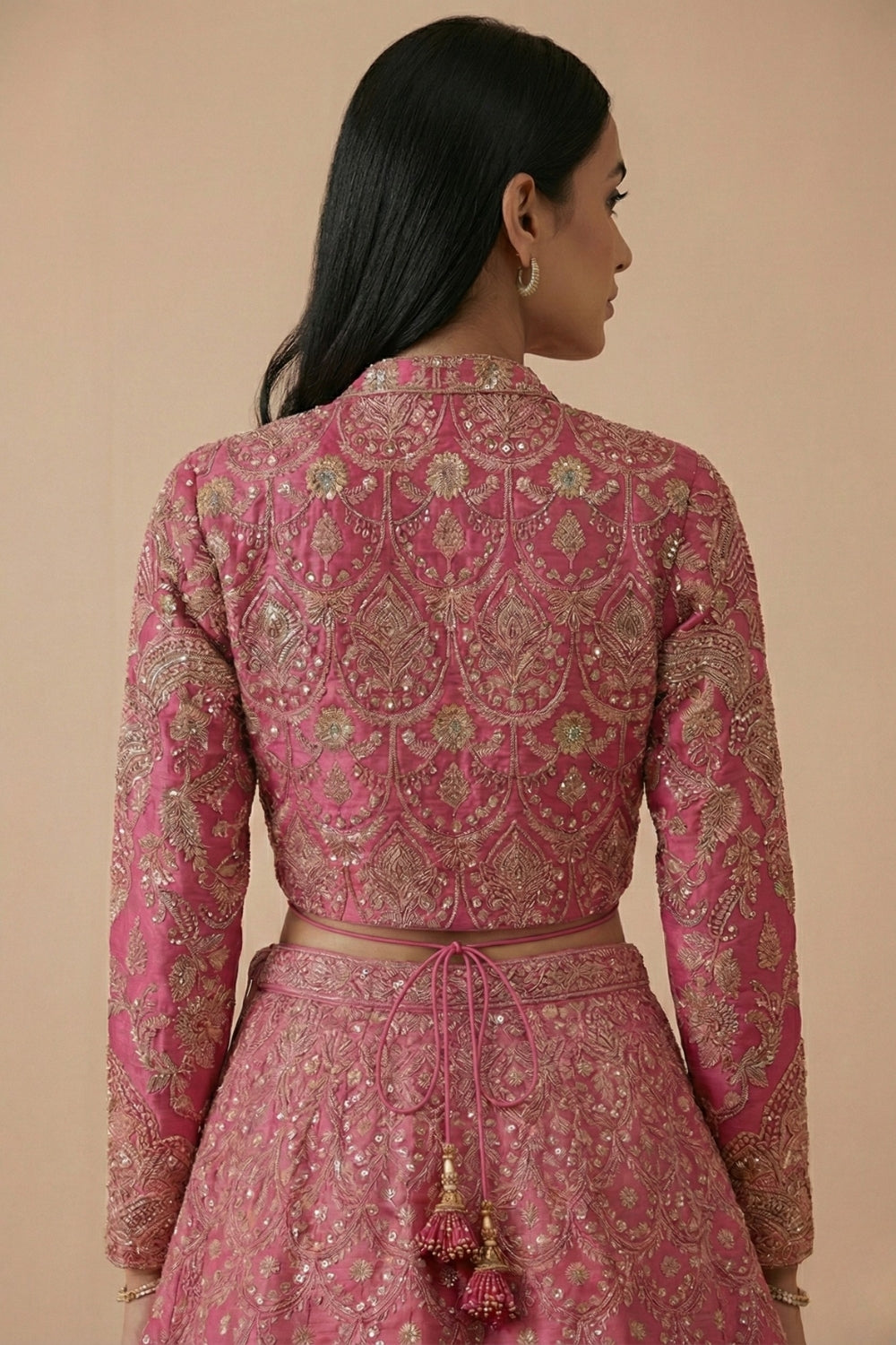 Pink Banarsi Silk Lehenga Set with Cutdana and Moti Work