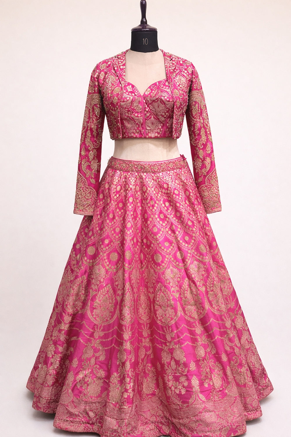Pink Banarsi Silk Lehenga Set with Cutdana and Moti Work