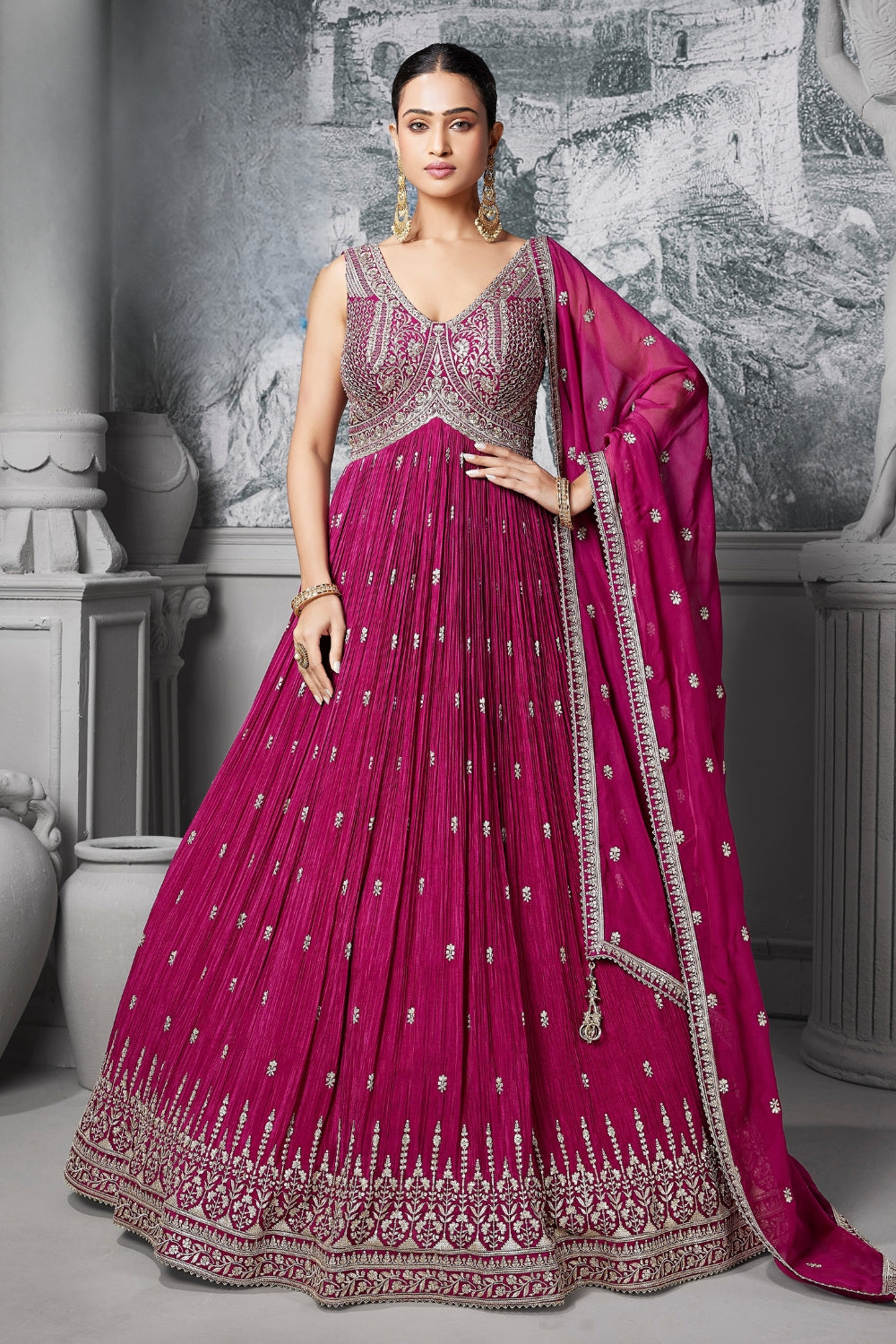 Pink Chinon Anarkali Set with Embroidery and Sequins