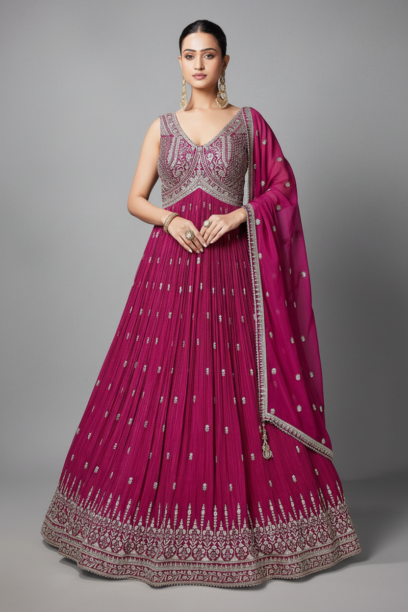 Pink Chinon Anarkali Set with Embroidery and Sequins